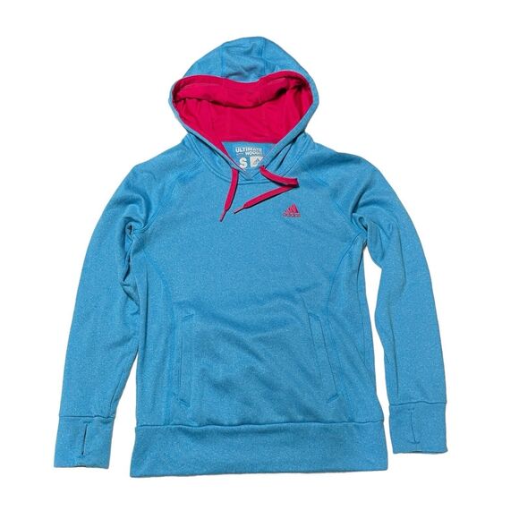 Adidas‎ Climawarm Ultimate Hoodie Womens Small Blue Pink Thumbholes Pullover - Picture 1 of 8